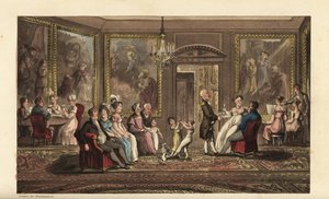 Johnny holder en stor fest. Sosialt arrangement i et stort herskapshus, med gjester som spiller kort, synger sanger, snakker, danser og sosialiserer. Håndfarget kobberstikk av Thomas Rowlandson fra William Combes The History of Johnny Quae Genus, the Littl av Thomas Rowlandson