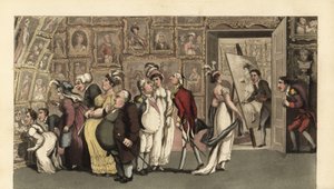 Johnny i tjeneste for portrettmaleren Carmine i galleriet hans. Når han er alene, ødelegger Johnny portrettene med kritt og skaper furore. Håndfarget kobberstikk av Thomas Rowlandson fra William Combes The History of Johnny Quae Genus, the Li av Thomas Rowlandson
