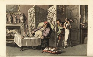 Johnny sniker til hushjelpen Molly et glass vin i stuen mens Sir Jeffery Gourmand sover ved spisebordet. Nesten tatt av en annen tjener ved døren. Håndfarget kobberstikk av Thomas Rowlandson fra William Combes The History of John av Thomas Rowlandson