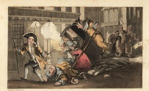 Johnny kastet ut av en sedanstol da portørene krasjet over en steinrøys på gaten. Nattevakter med lykter og rangler ankommer. Håndfarget kobberstikk av Thomas Rowlandson fra William Combes The History of Johnny Quae Genus, av Thomas Rowlandson