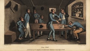 Johnny kaster opp i en bøtte i kabinen mens skipet hans setter seil. En annen offiser foreslår et middel med saltvann og et stykke salt svinekjøtt på en snor. Håndfarget kobberstikk av W. Lest etter en illustrasjon av Thomas Rowlandson fra Alfred Burto av Thomas Rowlandson