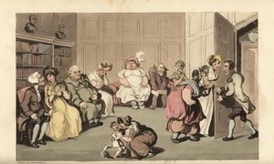 Johnny med andre pasienter på kvaksalverdoktor Anodynes venterom. Håndfarget kobberstikk av Thomas Rowlandson fra William Combes The History of Johnny Quae Genus, the Little Foundling of the late Doctor Syntax. av Thomas Rowlandson
