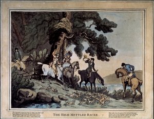 Møtet med høybudene (The high mettled racer). Tegning av Thomas Rowlandson (1756-1827). Etsning og akvarell av Thomas Rowlandson