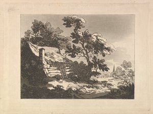 Landskap med en hytte blant trærne til venstre og et kirketårn i det fjerne til høyre av Thomas Rowlandson