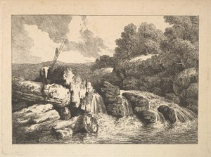 Landskap med to fiskere som klatrer på steiner ved siden av en foss, 1784-88. av Thomas Rowlandson