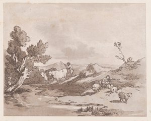 Landskap med en figur som gjeter storfe til vann, 21. mai 1789., 21. mai 1789. av Thomas Rowlandson