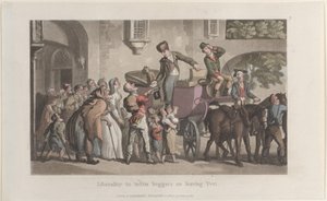 Frihet til å svekke tiggere når de forlater Yrvi, fra Journal of Sentimental Travels in the ..., 1821. av Thomas Rowlandson
