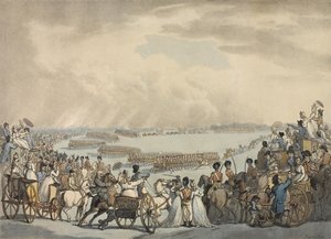 Light Horse Volunteers of London and Westminster, kommandert av oberst Herries, anmeldt av Hans Majestet på Wimbledon Common, 5. juli 1798 (farget akvatint) av Thomas Rowlandson