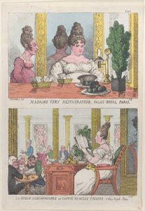 Madame Very Restauranteur, Palais Royal Paris og La Belle Liminaudiere på Caffee De Mille..., 1814. av Thomas Rowlandson