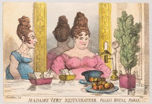 Madame Very, Restauratør, Palais Royal, Paris, pub. 1814 (håndfarget gravering) av Thomas Rowlandson