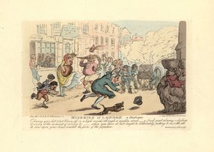 Mann som jager hatten sin nedover en gjørmete gate i sterk vind. av Thomas Rowlandson