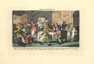 Mann faller av en ødelagt stol på et middagsselskap. av Thomas Rowlandson