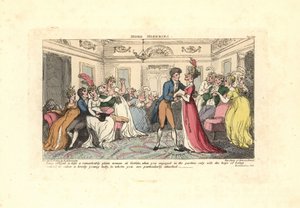 Mann tvunget til å kysse en stygg kvinne på en dansefest. av Thomas Rowlandson