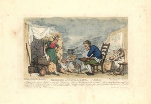 Mann som bruker belg foran et bål i et røykfylt rom. av Thomas Rowlandson
