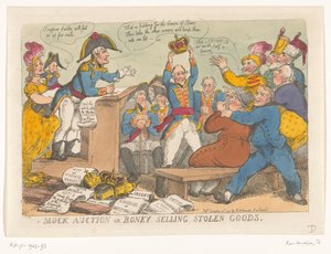 Napoleon selger stjålne varer, 1813 Spontauksjon eller Boney som selger stjålne varer (tittel på objekt) av Thomas Rowlandson