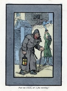 Nattevakt med lykten og stokken, uoppmerksom på to innbruddstyver som kommer inn i et hus bak ham (1819). Tregravering, basert på et maleri av Thomas Rowlandson (1756-1827), publisert i The Cris of London: med seks sjarmerende barn og nesten 40 illus. av Thomas Rowlandson
