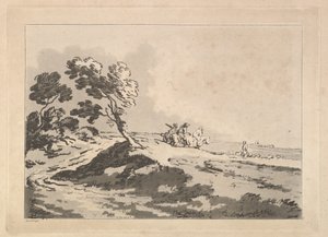 Åpent landskap med tre ryttere i mellomdistanse på vei til høyre, Windblo..., 1784-88. av Thomas Rowlandson