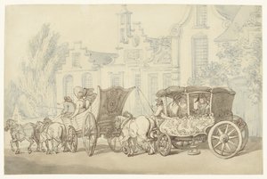 Åpen turbil og vogn i en kvasi-nederlandsk gate av Thomas Rowlandson