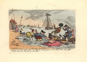 Passasjerer som glir og faller ned i elveslammet. av Thomas Rowlandson