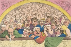 Duehull. A Convent Garden Contrivance to Coop up the Gods, 20. februar ..., 20. februar 1811. av Thomas Rowlandson