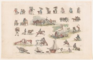 Plate 2, omriss av figurer, landskap og storfe...til bruk for elever, Ma..., 8. mars 1790. av Thomas Rowlandson
