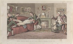 Quae Genus slått ut av et hus som han tar feil av for sitt eget, fra The Hist..., 1. februar 1822. av Thomas Rowlandson