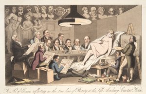 R---A---ys of Genius som reflekterer over den sanne skjønnhetslinjen ved Life Academy, Somerset House, fra The English Spy, pub. 1824 (håndfarget gravering) av Thomas Rowlandson