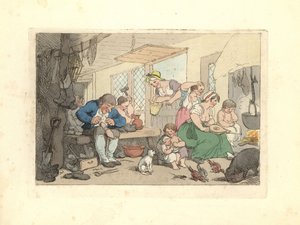 Regency skomaker reparerer sko i et overfylt rom. av Thomas Rowlandson