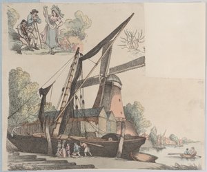 Elvescene med vindmølle fra plate 9, konturer av figurer, landskap og C..., 20. januar 1791. av Thomas Rowlandson