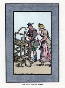 Roaming og klientretamer som viser bunnen av en pott. Han slår en metallgryte med en hammer på en bærbar benk. Tregravering, basert på et maleri av Thomas Rowlandson (1756-1827), publisert i The Cris of London: med seks sjarmerende barn og nesten 40 i av Thomas Rowlandson