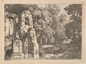 Ruiner ved siden av et basseng i et skogslandskap, 1783-84. av Thomas Rowlandson