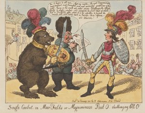 Tvekamp i Moorfields, eller den storsinnede Paul O! - som utfordrer alle O! (fra: Caricature, bd. 4) av Thomas Rowlandson