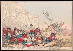 Sir Cecils budsjett for å betale statsgjelden, pub. 1784 (håndfarget gravering) av Thomas Rowlandson