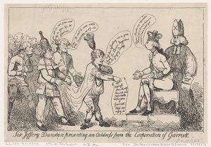 Sir Jeffery Dunstan presenterer en adresse fra Corporation of Garratt, De..., 30. desember 1788. av Thomas Rowlandson