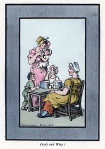 Sittende kvinne som selger vaktelmelk og melk har mor og barn (1819). Tregravering, basert på et maleri av Thomas Rowlandson (1756-1827), utgitt i The Cris of London: med seks sjarmerende barn og nesten 40 illustrasjoner, av Andrew Tuer, Field av Thomas Rowlandson