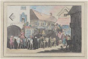 Scenecoach og ryttere i gården til et vertshus, forbereder seg til avreise, 1789-95., 1789-95. av Thomas Rowlandson