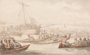 Det årlige scullingløpet for Doggetts pels og merke av Thomas Rowlandson
