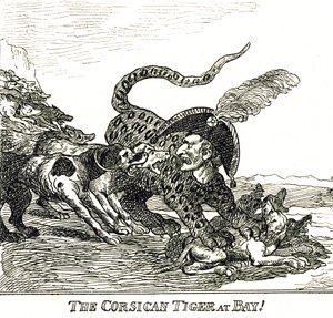 The Barked Corsican Tiger (Napoleon Bonaparte), karikatur 1808 av Thomas Rowlandson