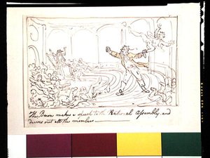 Baronen holder en tale til nasjonalforsamlingen og driver ut alle medlemmene (penn og blekk og akvarell på papir) av Thomas Rowlandson