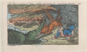 Baronen ankommer Ceylon, bekjemper og erobrer to ekstraordinære motstandere, [1809], gjenutgitt 1811. av Thomas Rowlandson
