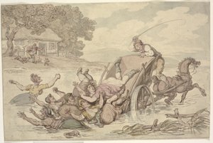 "The Carter and the Gypsies": En vogn snudde i en bekk og tippet en gruppe kvinner i vannet av Thomas Rowlandson