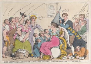 Sjanseselgeren av statskassen setter et brannslukningsapparat på lotterier, september..., 18. september 1823. av Thomas Rowlandson