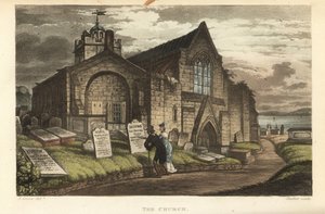Kirken: gamle turister som leser gravsteinene i en gotisk kirkegård. Håndfarget kobberstikk av Thomas Rowlandson, akvatint av J.C. Stadler, etter en skisse av J. Green fra Poetical Sketches of Scarborough, Ackermann, London av Thomas Rowlandson