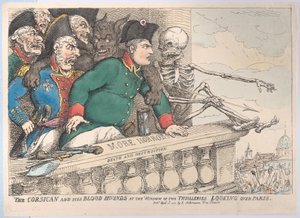 Korsikaneren og hans blodhunder ved vinduet til Thuilleriene ser over P..., 16. april 1815. av Thomas Rowlandson