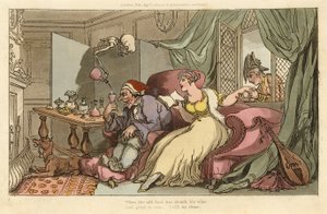 The Honeymoon, fra The English Dance of Death, pub. 1816 (håndfarget gravering) av Thomas Rowlandson