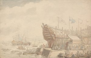 Sjøsettingen av H.M.S. «Hibernia» i 1804 av Thomas Rowlandson