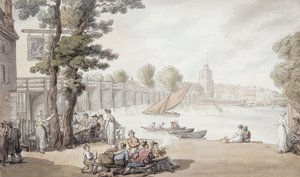 The Old Swan Inn, med utsikt over Putney-broen bortenfor, av Thomas Rowlandson