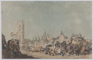 «The Overdrove Ox» (Den gale oksen på Westminster Bridge) av Thomas Rowlandson