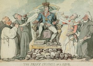 The Privy Council of a King, pub. 1815 (håndfarget gravering) av Thomas Rowlandson