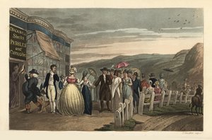 The Promenade: fasjonable turister som rusler utenfor Cracknill Shells, Pebbles and Curiosities Shop. Håndfarget kobberstikk av Thomas Rowlandson, akvatint av J.C. Stadler, etter en skisse av J. Green fra Poetical Sketches of Scarborough, Acker av Thomas Rowlandson